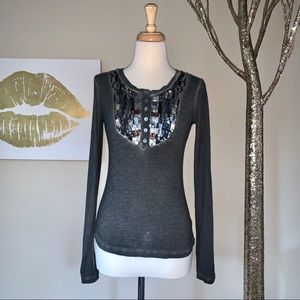 Free People Sequin Long Sleeve Distressed Top